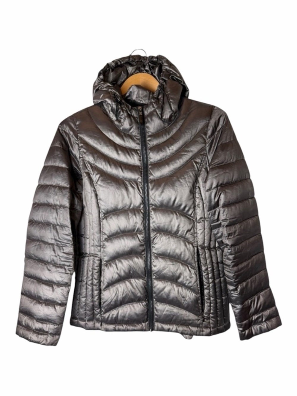 Andrew Marc Puffer Jacket Women Medium Pewter Lightweight Packable Down Hooded‎
